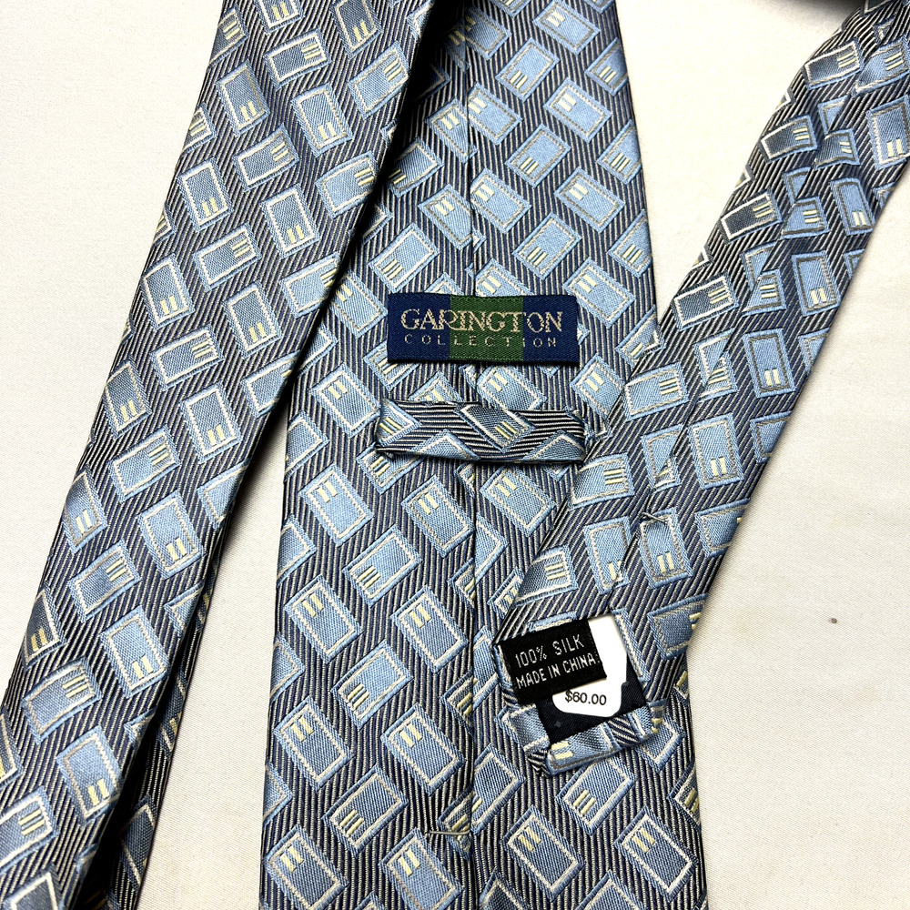 NWT Garington Collection 100% Silk Designer Necktie Tie Blue Square Geometric